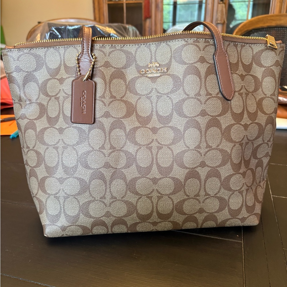 Coach Tan/Brown Signature Canvas Zip-Top Tote